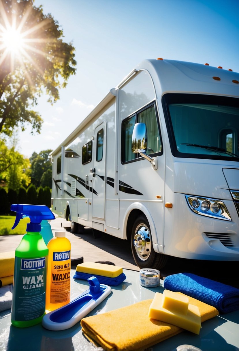 A shiny, new RV gleams under the bright sun, surrounded by various waxes and cleaning supplies