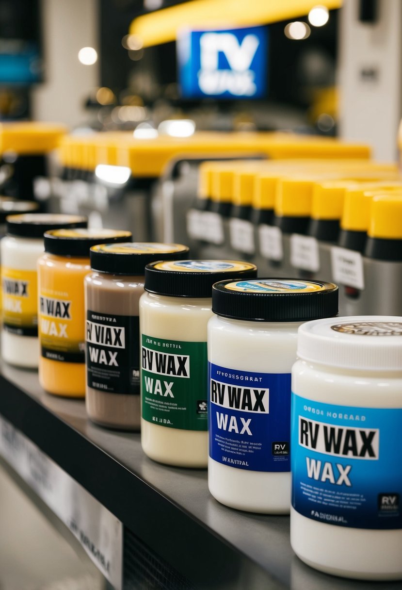 A lineup of seven different RV wax products arranged in a neat and organized manner, with each product clearly labeled and displayed for comparison