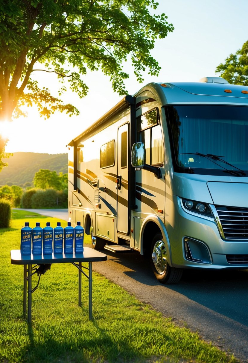 A shiny RV parked in a scenic campground, surrounded by lush greenery and bathed in warm sunlight, with the 7 best RV waxes lined up neatly on a nearby table