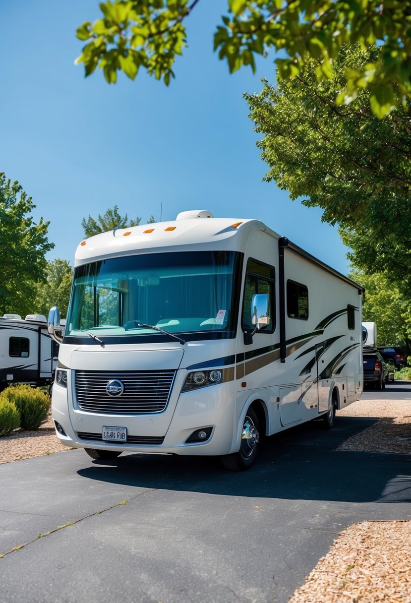 An RV parked in a sunny campground, gleaming with a fresh coat of wax, surrounded by trees and a clear blue sky