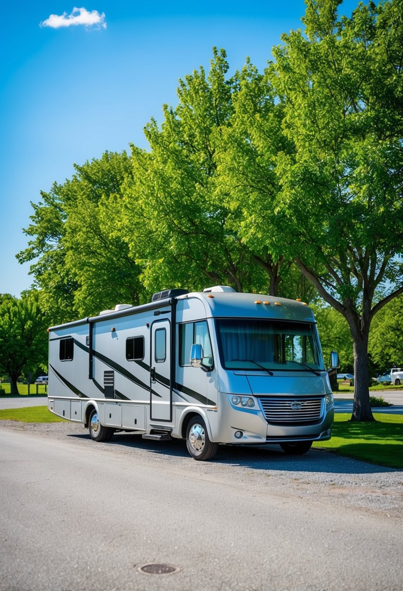 A sunny campground with a shiny RV covered in a layer of protective wax, surrounded by lush green trees and a clear blue sky