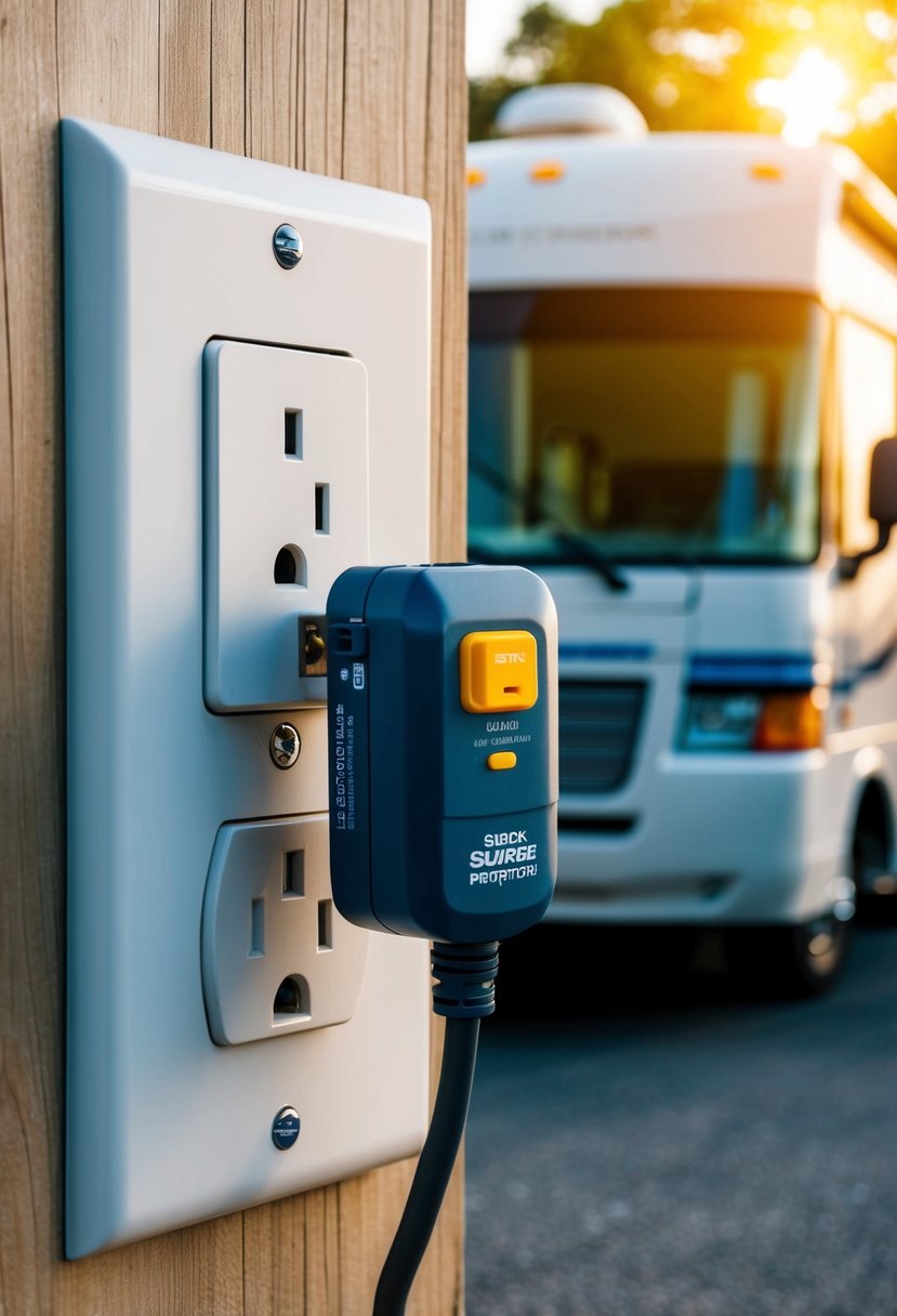 An RV surge protector plugged into a power outlet with a recreational vehicle parked in the background