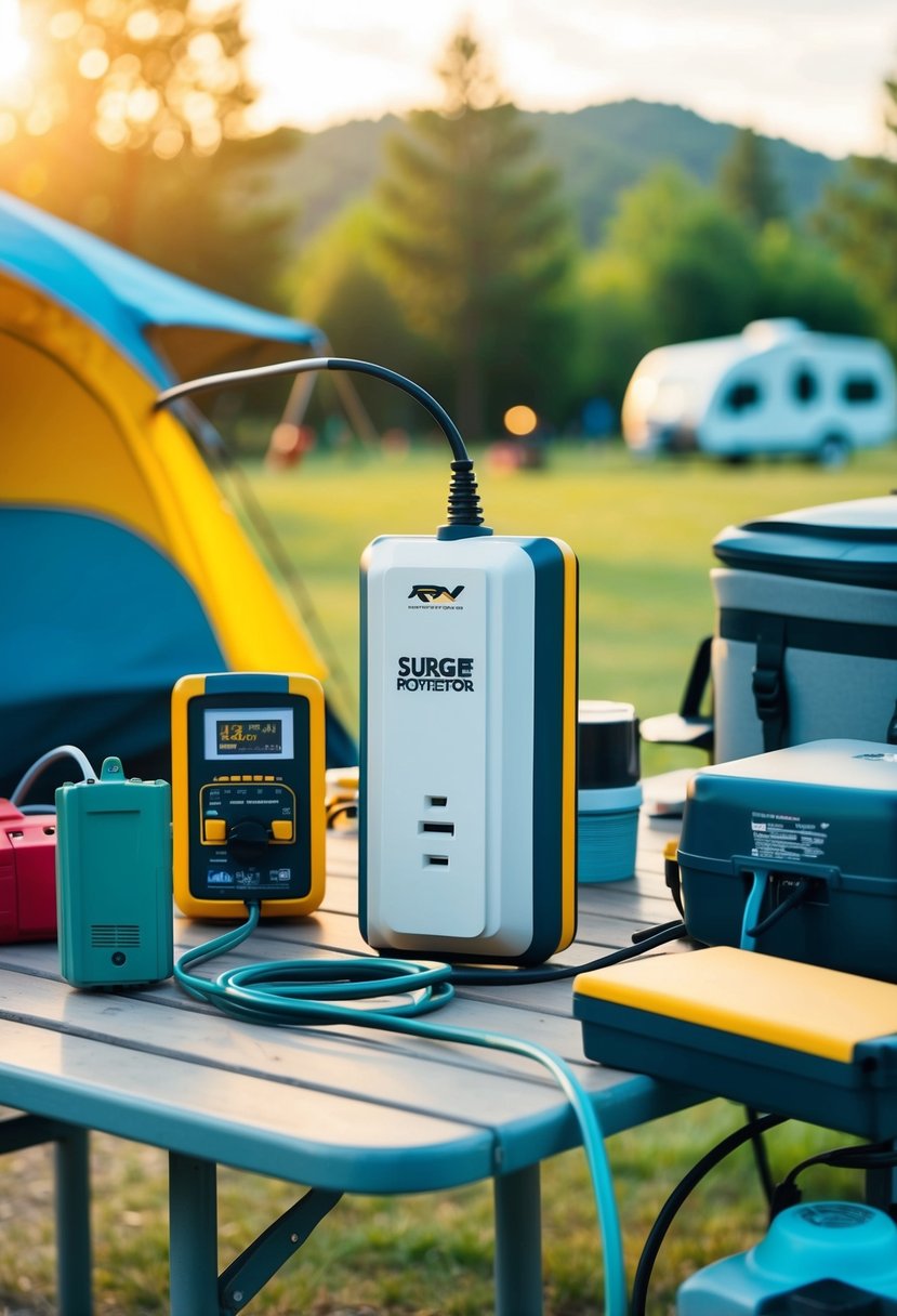 An RV surge protector surrounded by various electrical devices and camping equipment on a campsite picnic table