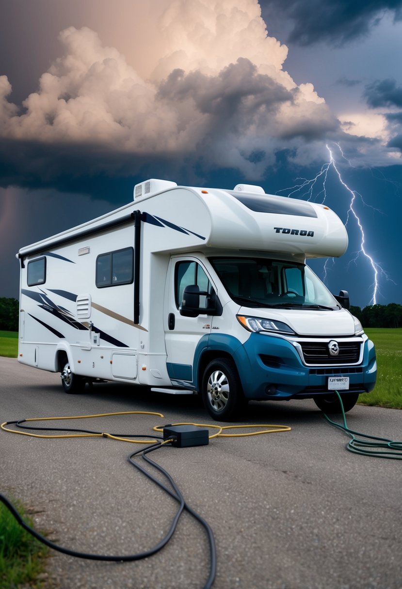 A modern RV plugged into a surge protector with electrical outlets and appliances inside, surrounded by storm clouds and lightning in the background