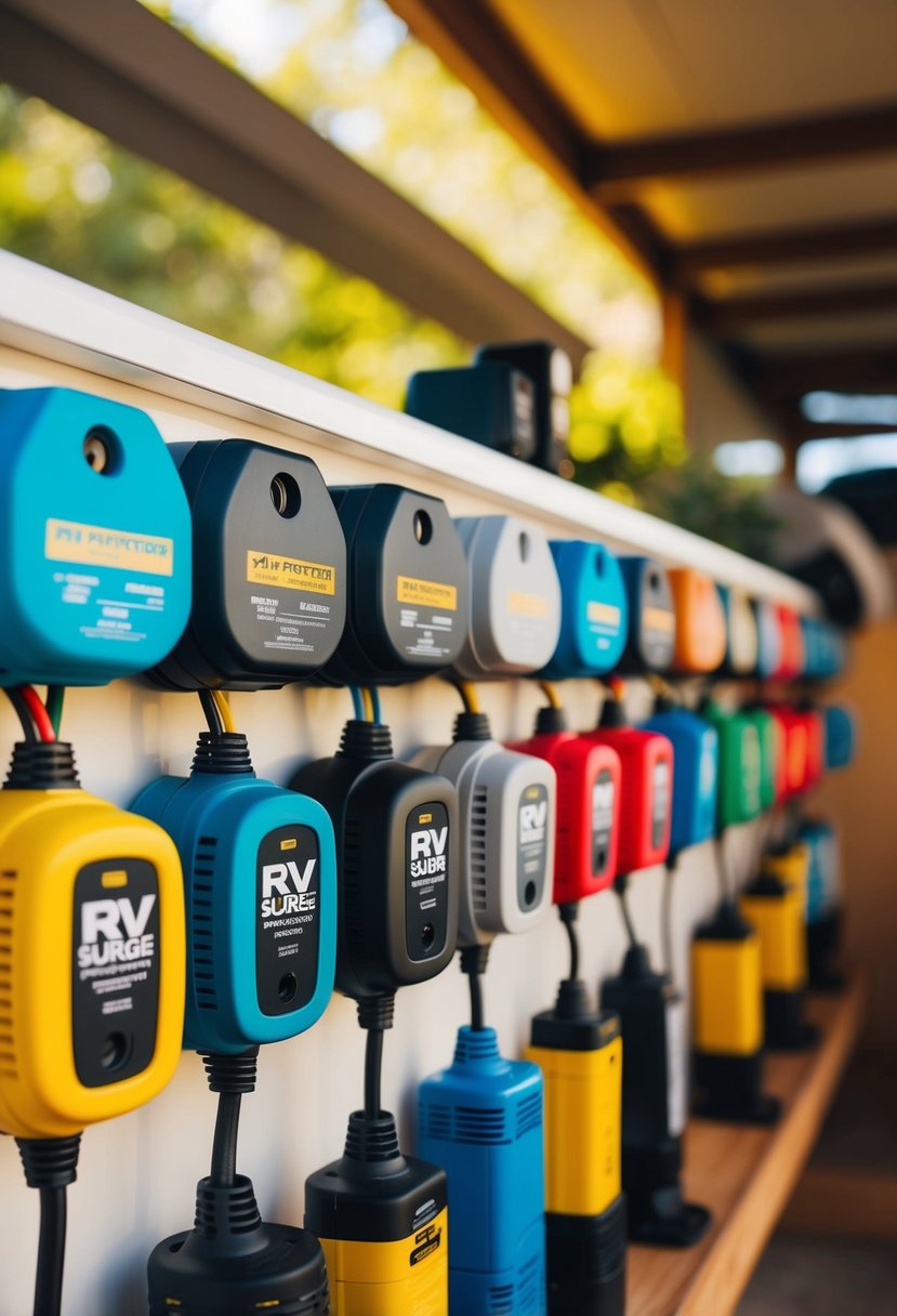 A colorful array of RV surge protectors lined up on a shelf, each with different shapes and sizes, ready to provide protection for outdoor adventures