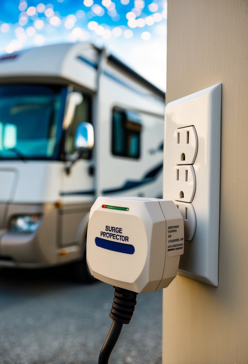 An RV surge protector plugged into a power outlet with a recreational vehicle in the background