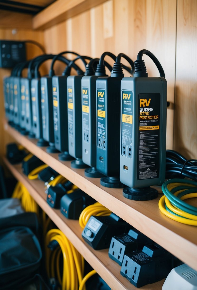 A row of RV surge protectors lined up on a shelf, with various models and brands displayed, surrounded by electrical cords and camping equipment