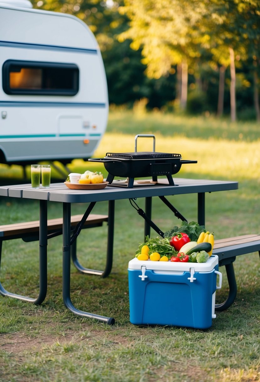 A cozy campsite with a picnic table, grill, and a cooler filled with fresh ingredients for easy RV meals