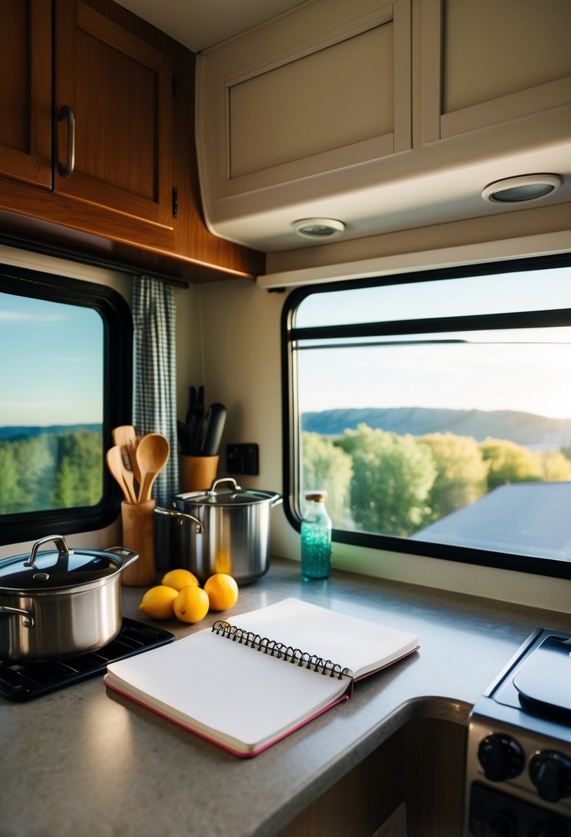 A cozy RV kitchen with compact cookware, a meal planning notebook, and a scenic view out the window