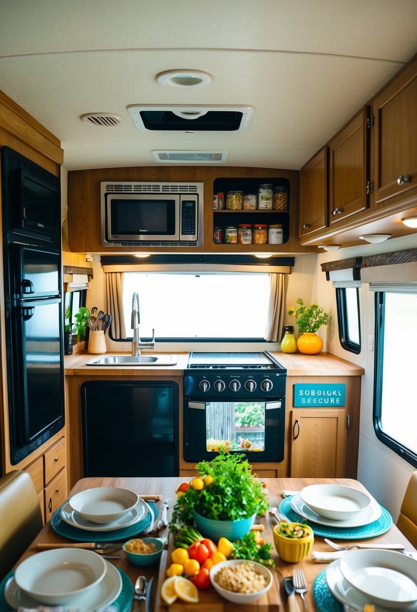 A cozy RV kitchen with a stove, fridge, and pantry stocked with ingredients. A table set with plates, utensils, and a colorful array of easy-to-make meals