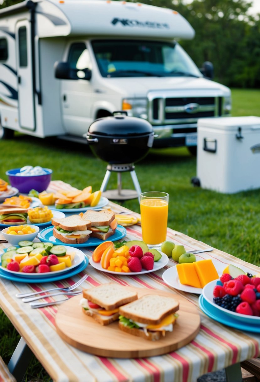 A picnic table with a spread of simple, colorful RV-friendly meals like sandwiches, salads, and fruit. Nearby, a grill and cooler sit ready for use