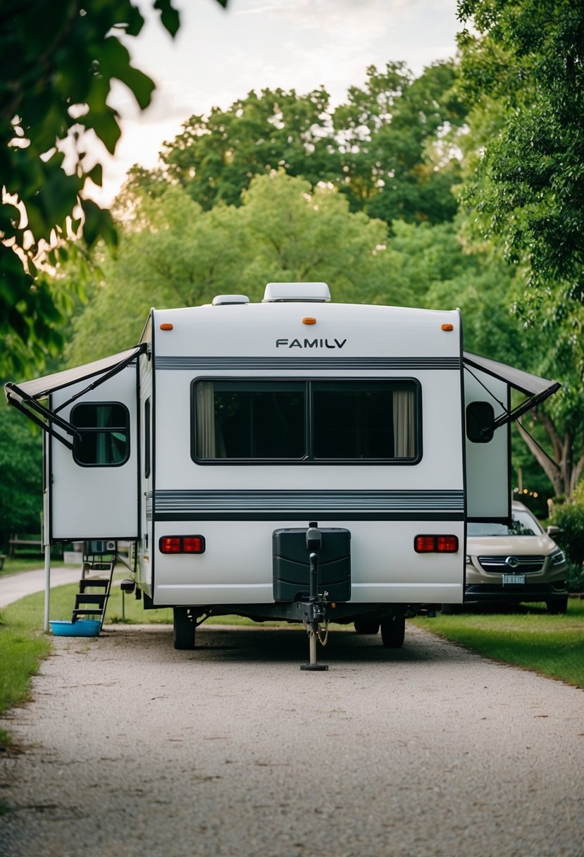 A family RV parked in a lush campground for a month