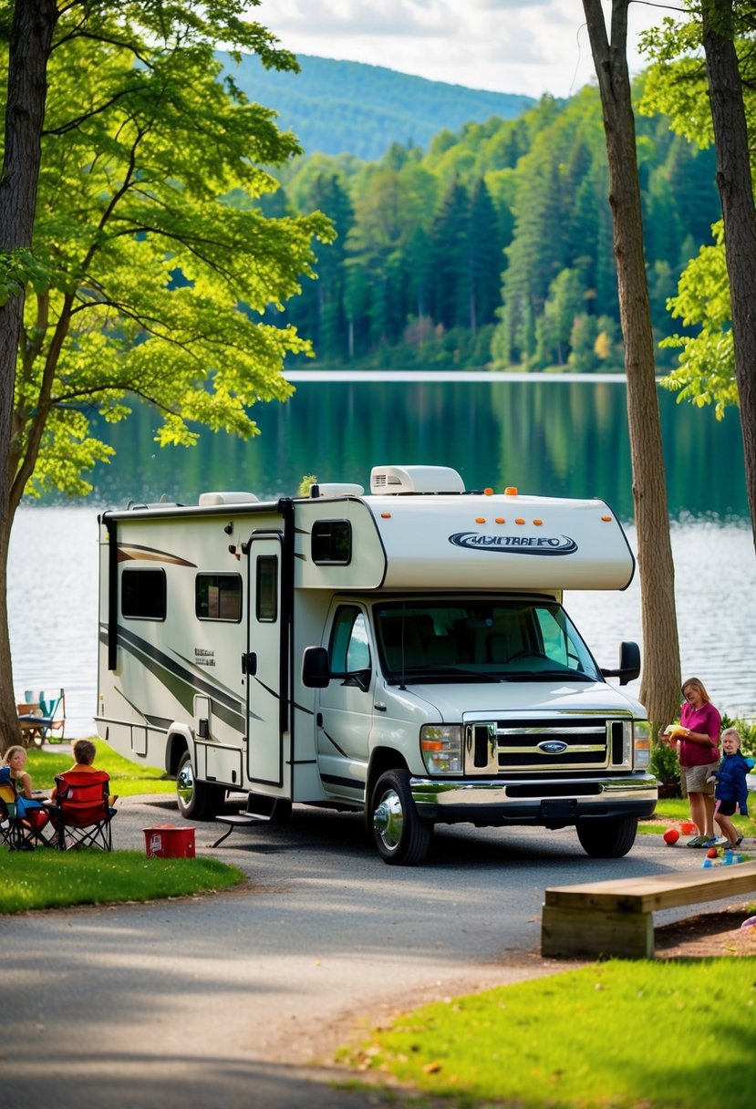 An RV parked in a scenic campground, surrounded by lush trees and a serene lake, with a family enjoying outdoor activities nearby