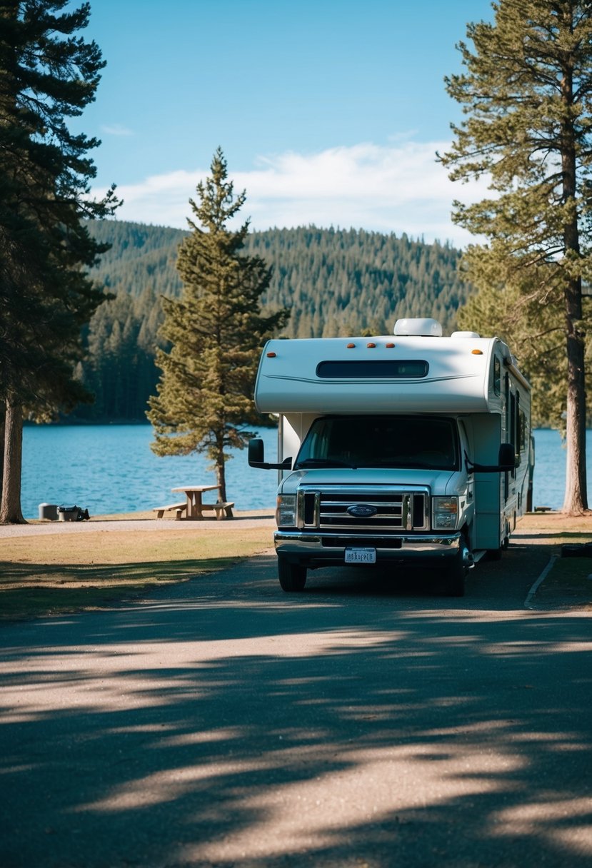 An RV parked in a scenic campground, surrounded by trees and a lake, with a clear blue sky overhead