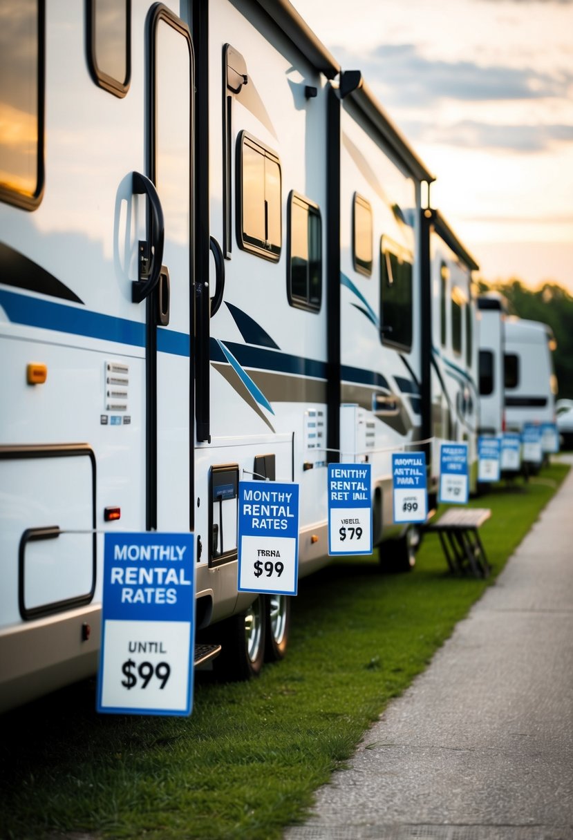 A row of different types of RVs lined up with price tags indicating monthly rental rates