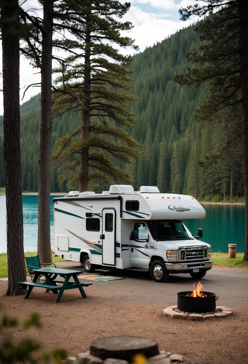 An RV parked in a scenic campground, surrounded by tall trees and a tranquil lake. A small picnic table and chairs sit outside, with a campfire pit nearby