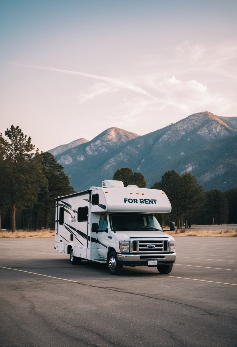 An RV parked in a spacious, open lot surrounded by trees and mountains, with a "For Rent" sign displayed on the side