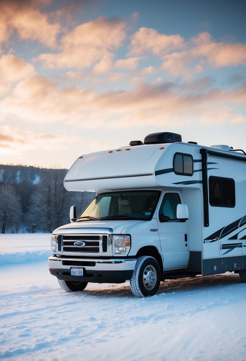 A cozy RV parked in a snow-covered landscape, with insulated skirting around the base to protect against the winter cold