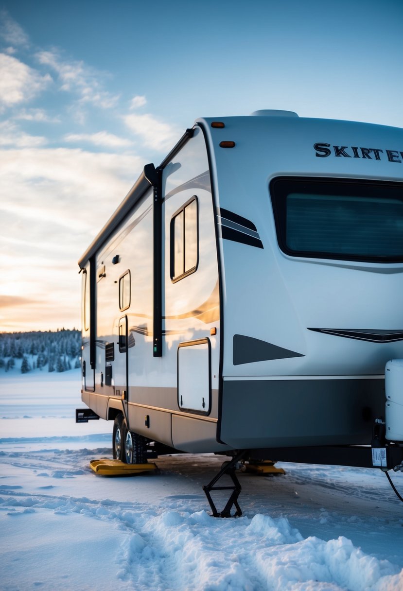 An RV parked in a snowy landscape with skirting installed around the underbelly, protecting it from the cold weather