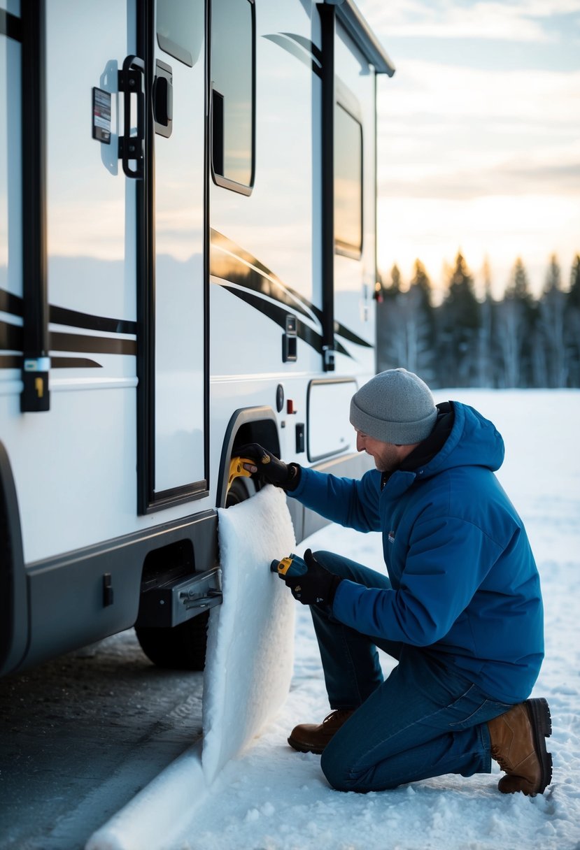 A person installing RV underbelly insulation in winter, using best RV skirting