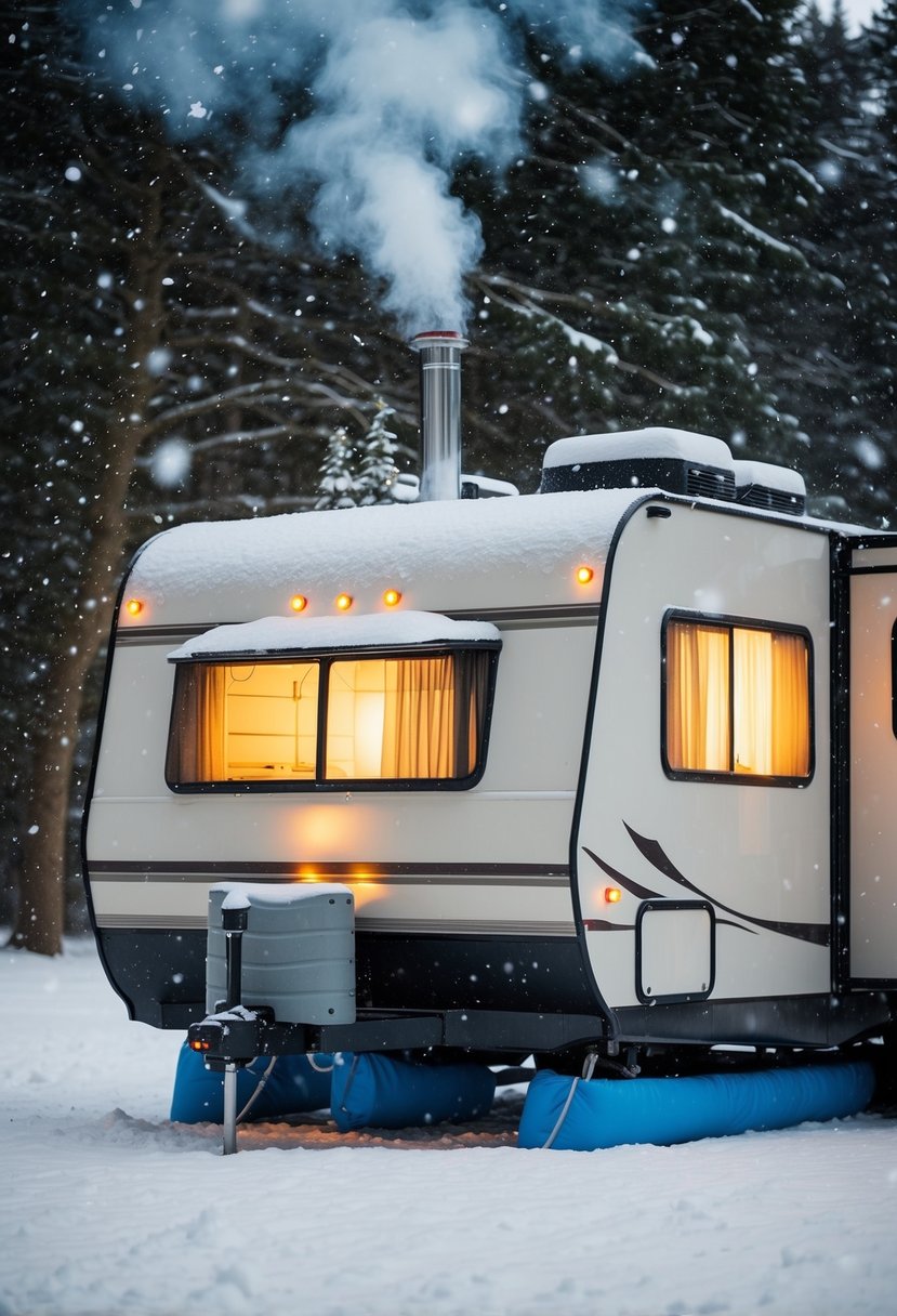 A cozy RV surrounded by insulated skirting, snowflakes falling gently, smoke rising from the chimney, and warm light glowing from the windows