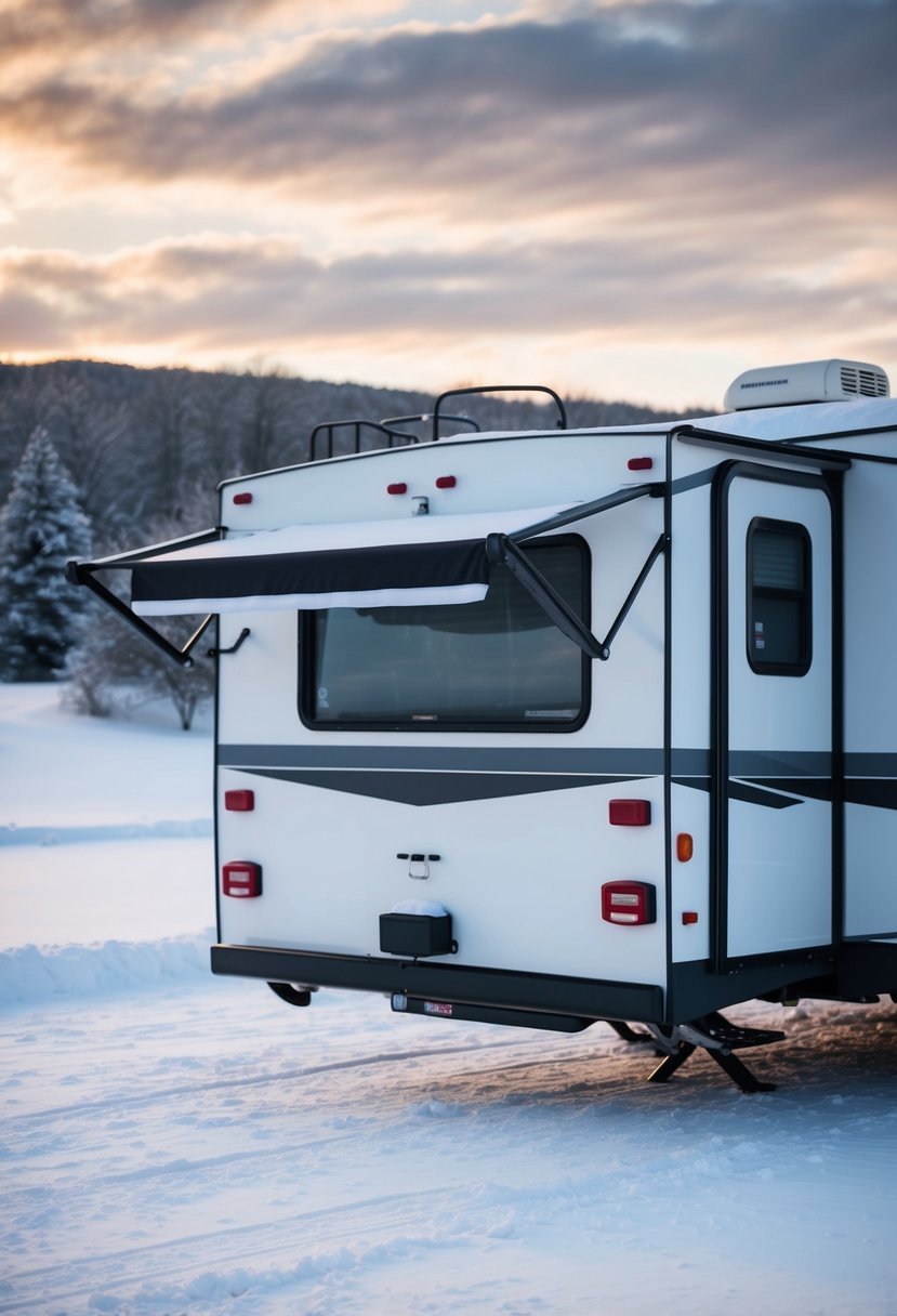 A cozy RV parked in a snowy landscape, with skirting made from heavy-duty vinyl or insulated foam panels, protecting it from the winter chill