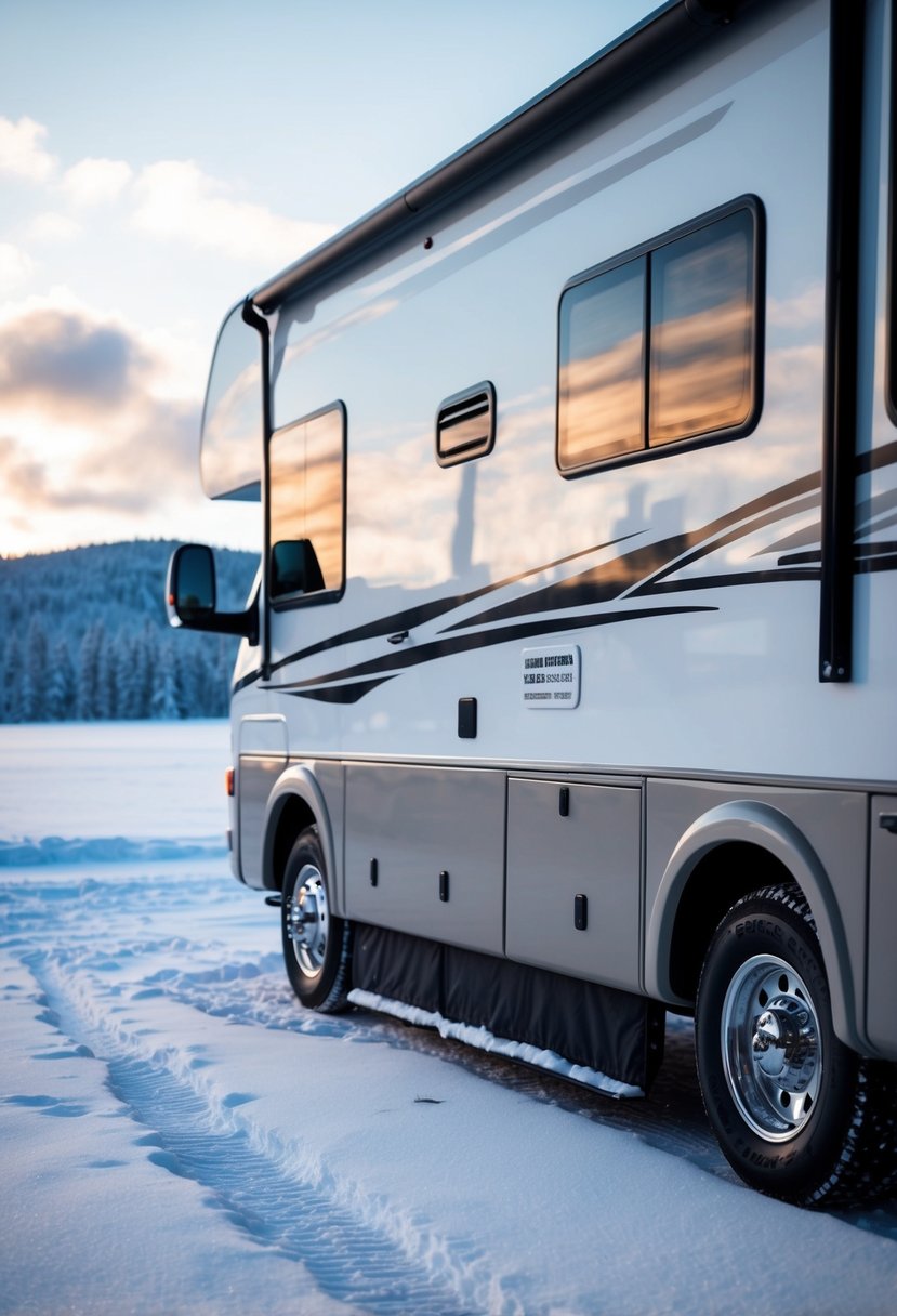 A cozy RV parked in a snowy landscape, with custom-fitted skirting around the bottom to protect from winter weather