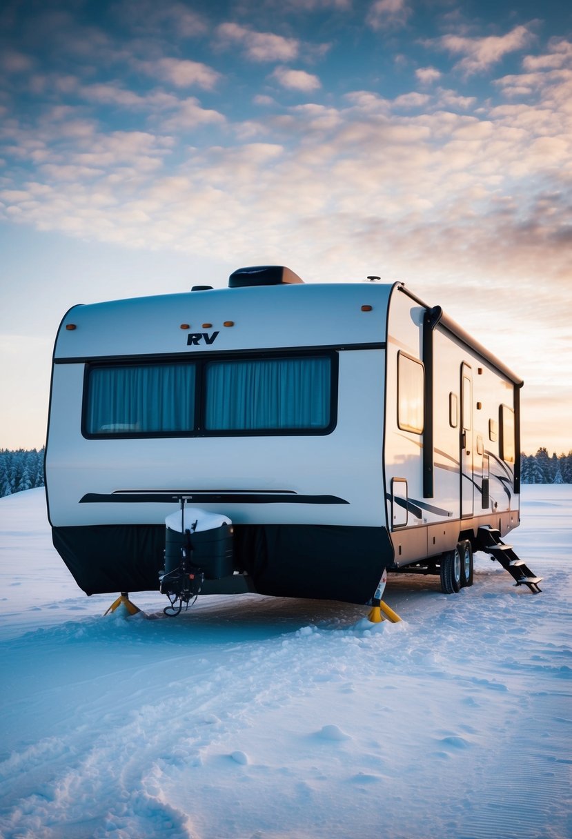 A cozy RV parked in a snowy winter landscape, with thick, insulated skirting wrapped around its base to keep out the cold