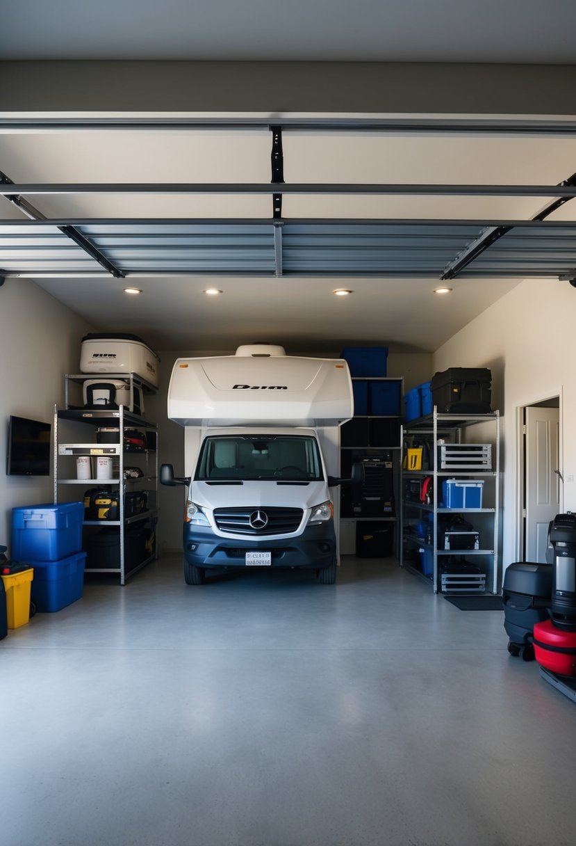 A spacious garage with shelves, hooks, and racks organized to store RV accessories and equipment neatly