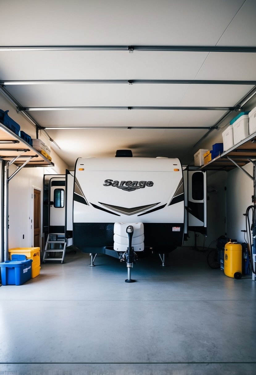 An RV parked in a spacious garage with built-in shelving, hanging storage, and designated compartments for equipment and supplies