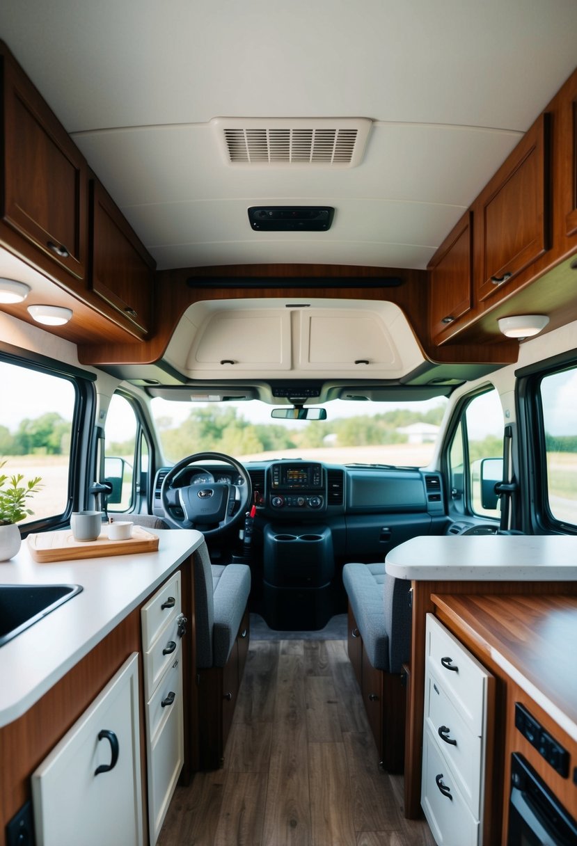 A neatly organized RV interior with clever storage solutions for kitchen, bathroom, and living areas