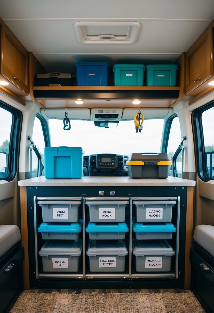 A well-organized RV storage area with labeled bins, hanging hooks for accessories, and a fold-out shelving unit for tools and equipment