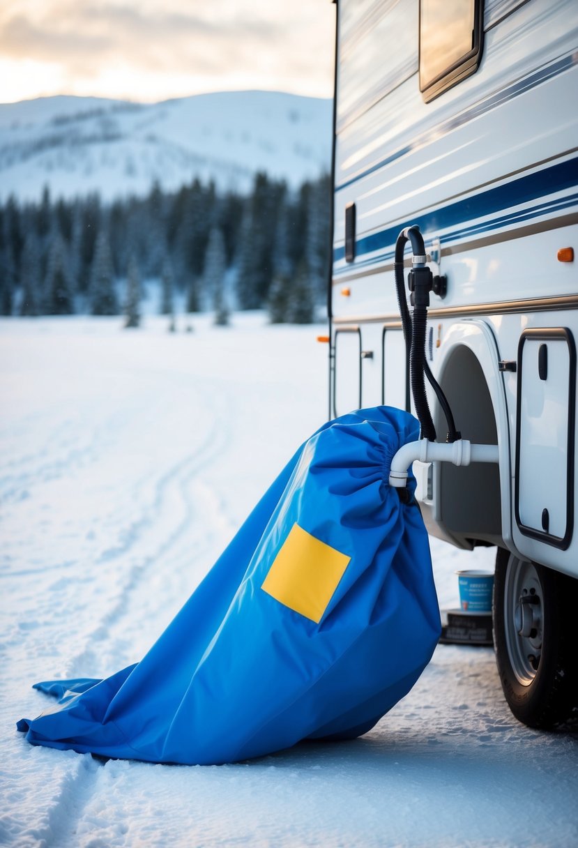 An RV parked in a snowy landscape, with a cover draped over it, and antifreeze being poured into the plumbing system