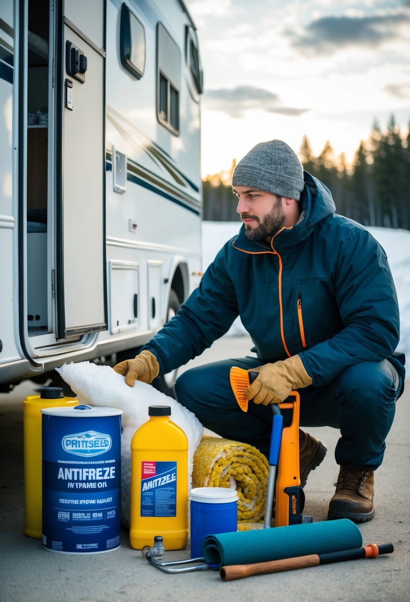 A person gathers insulation, antifreeze, and tools near an RV for winterization