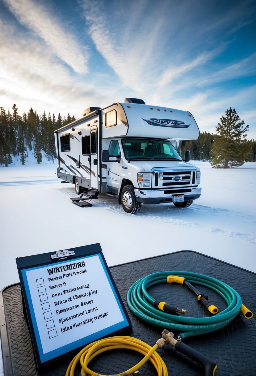 An RV parked in a snowy landscape, with a checklist of winterizing steps displayed on a nearby table. Hose and tools laid out for use