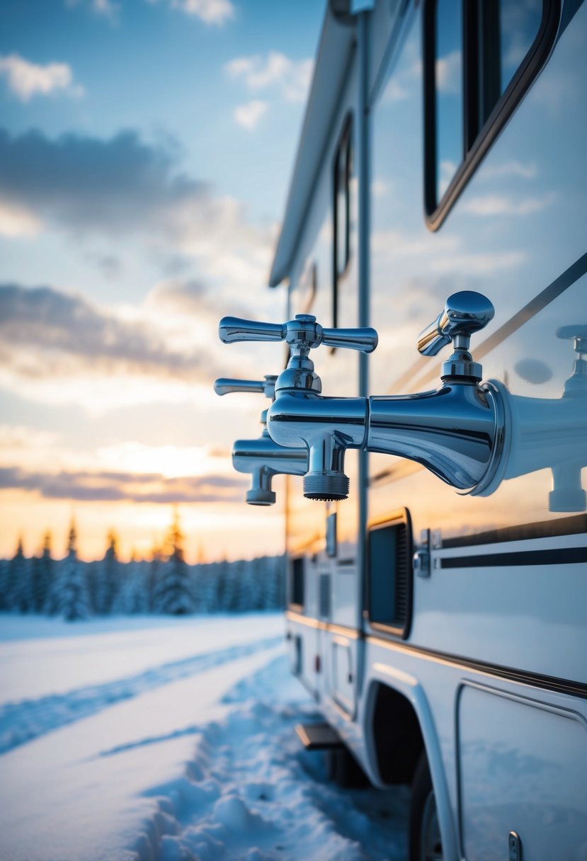 An RV parked in a snowy landscape, with the exterior faucets either open or closed, as the owner decides how to winterize it