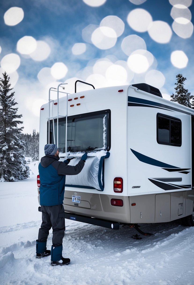 An RV parked in a snowy landscape, with a person adding insulation and sealing windows and doors. Snow-covered trees in the background