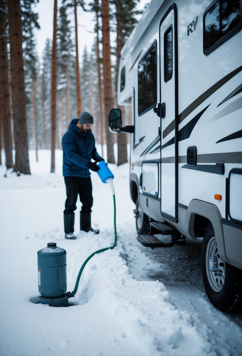 An RV parked in a snowy forest, with a person in the background pouring antifreeze into the water system