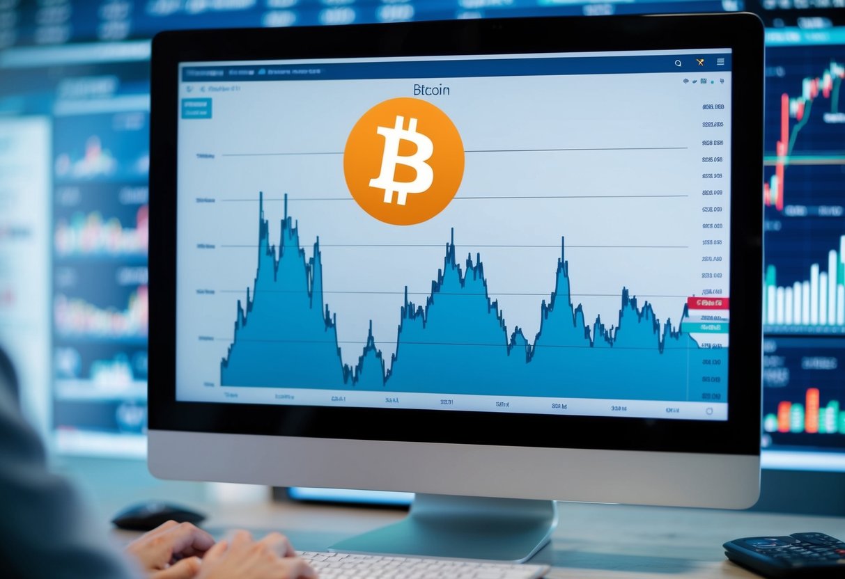 A computer screen displaying a line graph with the Bitcoin logo at the top, surrounded by financial data and charts