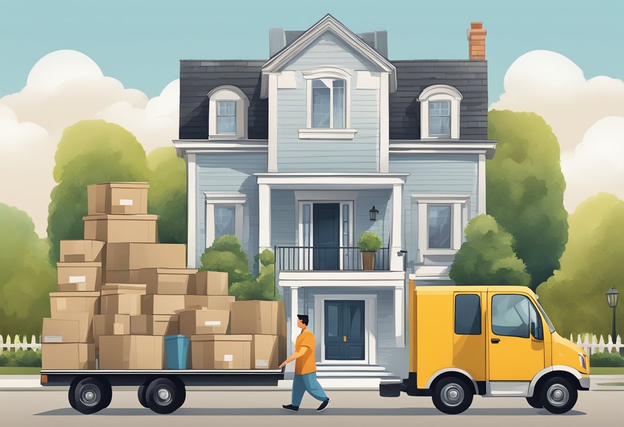 A moving truck parked in front of a house, with movers carrying boxes and furniture into the truck