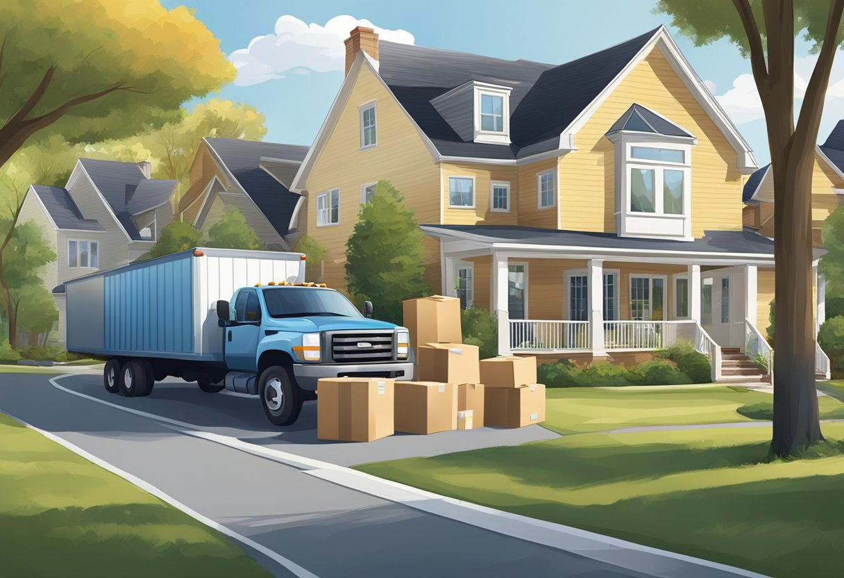 A moving truck parked outside a suburban home, with movers carrying boxes and furniture into the house