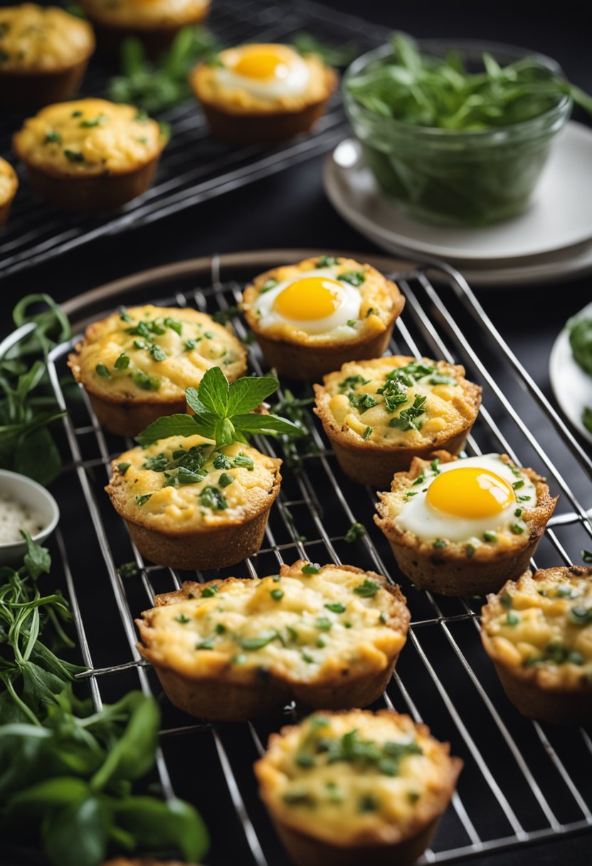 A tray of keto egg muffins cooling on a wire rack, surrounded by fresh herbs and spices