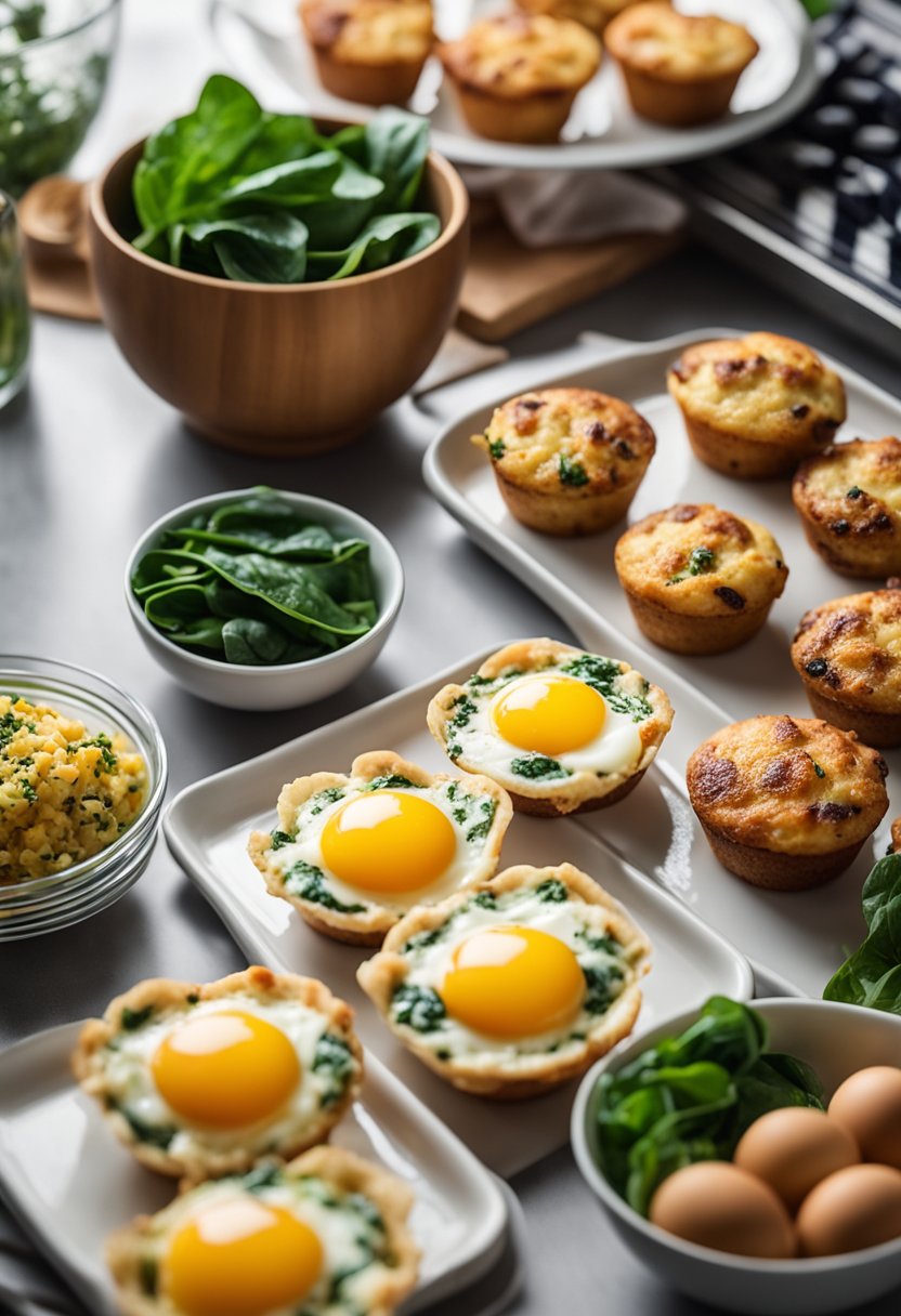 A kitchen counter with a variety of keto-friendly ingredients such as eggs, cheese, spinach, and bacon, alongside a tray of freshly baked egg muffins