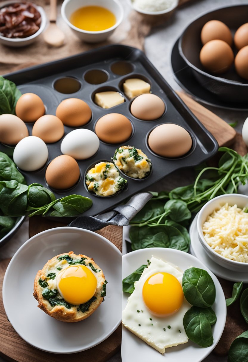 A kitchen counter with ingredients (eggs, cheese, bacon, spinach) and utensils (mixing bowl, whisk, muffin tin) for making keto egg muffins