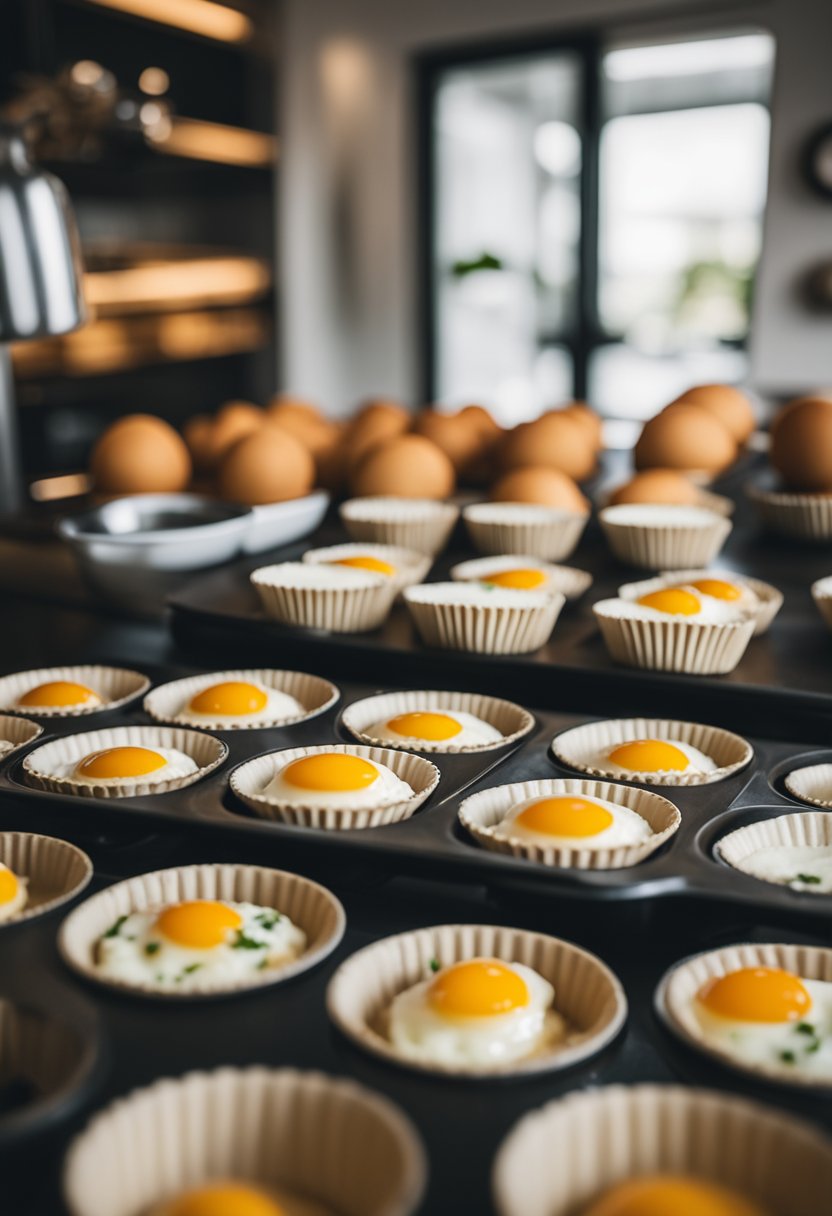 A kitchen counter with a tray of freshly baked keto egg muffins cooling next to a stack of meal prep containers