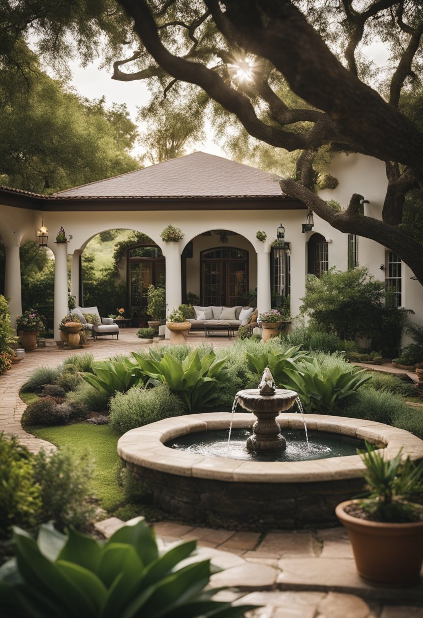 A cozy bed and breakfast nestled in a lush garden, with a bubbling fountain and a view of the Texas countryside