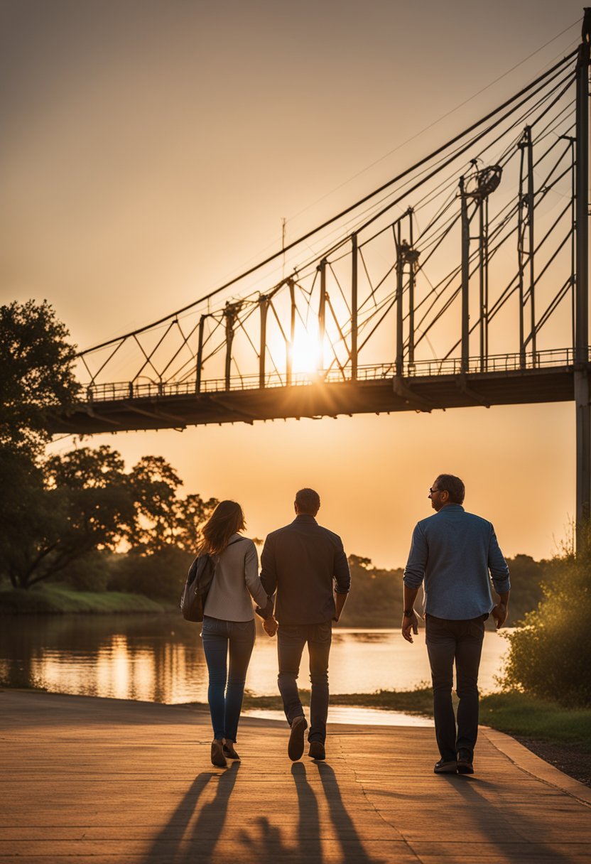 A couple strolling along the tranquil banks of the Brazos River, with the sun setting behind the historic Waco Suspension Bridge