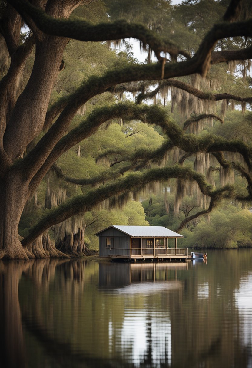 A serene lake surrounded by lush live oak trees, with a cozy cabin nestled on the shore and a rowboat gently drifting on the water