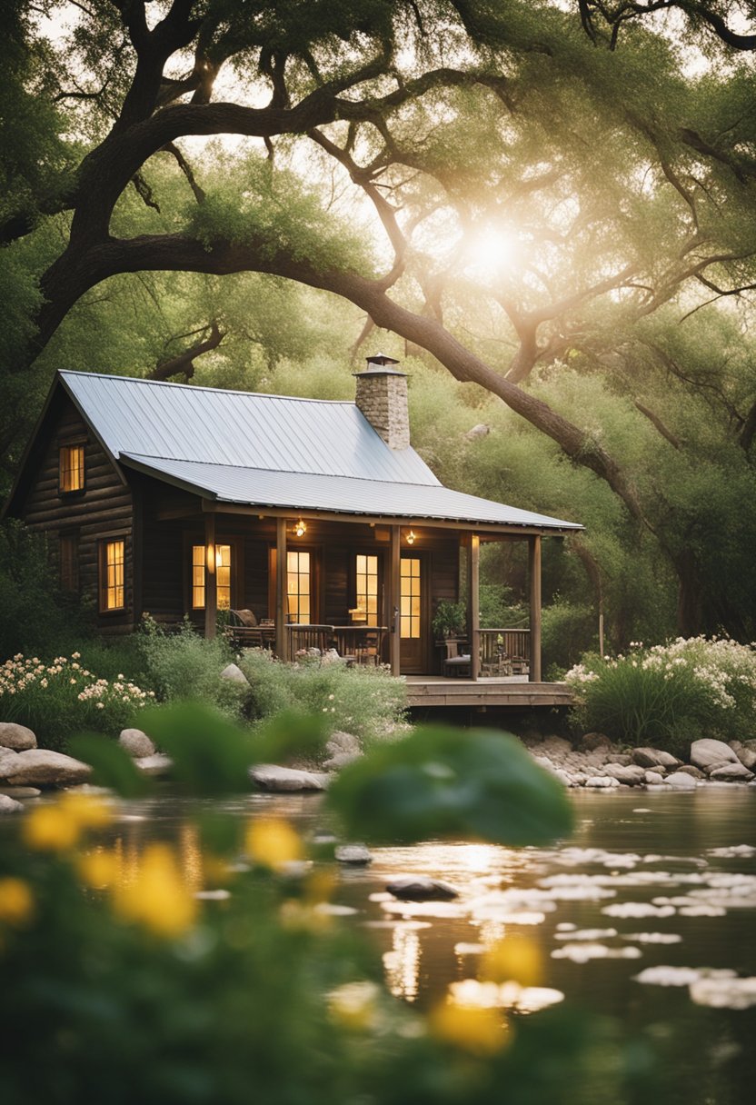 A cozy cabin nestled by a tranquil creek, surrounded by lush trees and blooming flowers, offering a romantic retreat in Waco, Texas