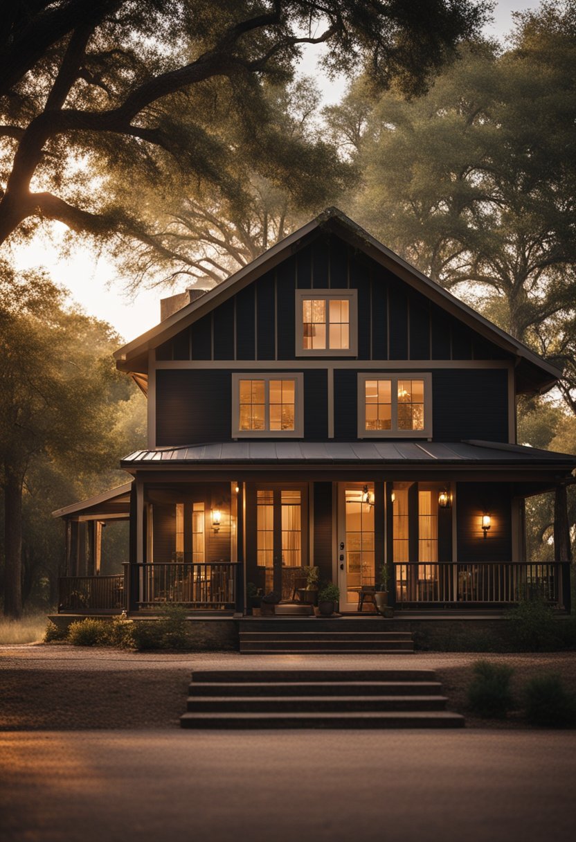 A charming country cabin nestled among tall trees, with a cozy front porch and a warm glow emanating from the windows on a starry night in Waco, Texas